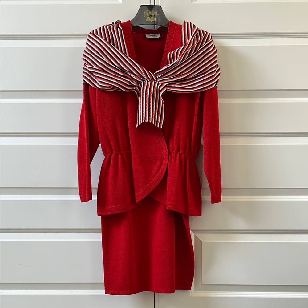 Vintage St. John for I.Magnin Red Wrap Sweater with Skirt